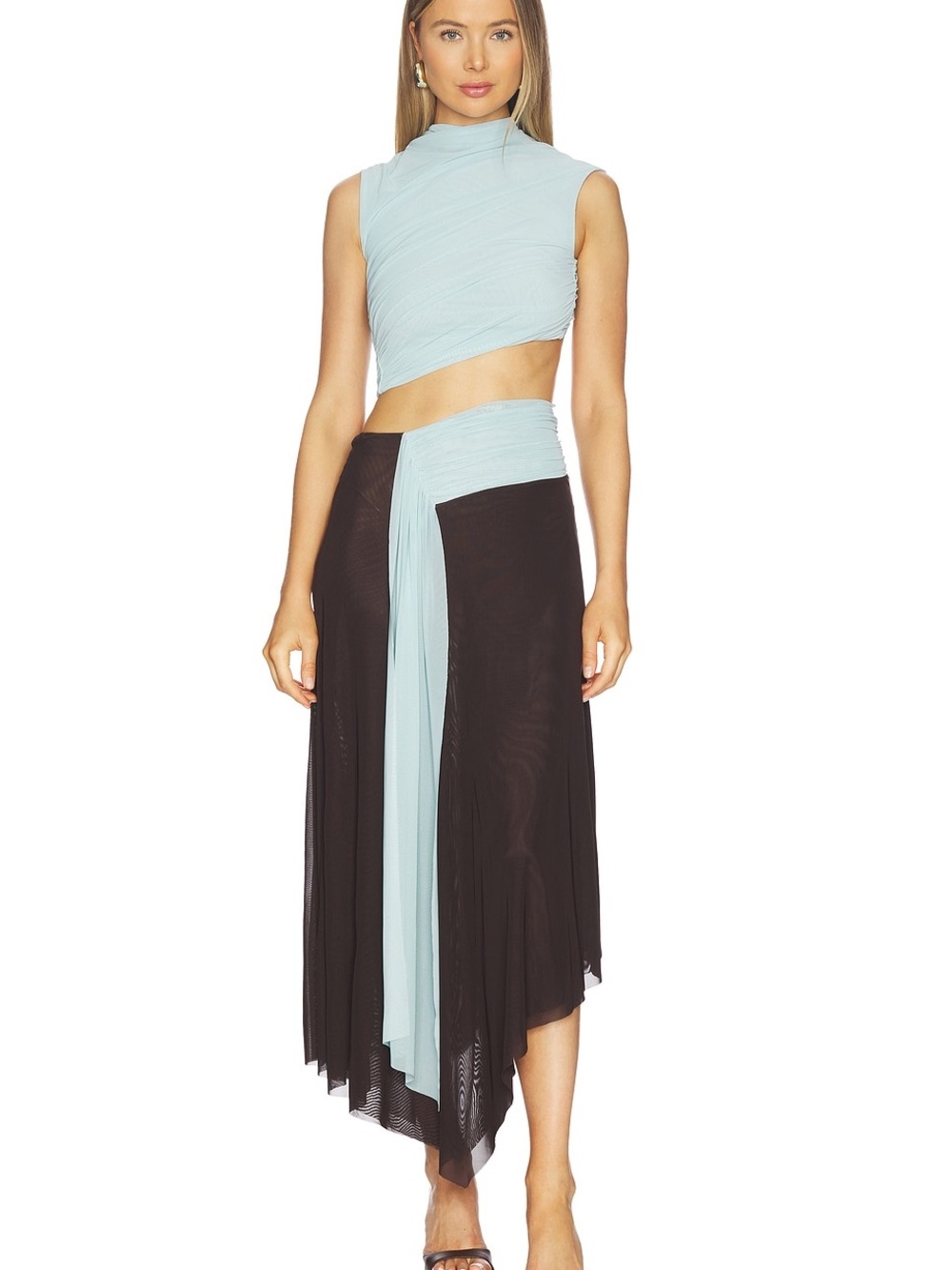 Bec + Bridge Conni Asymmetric Midi Dress Arctic Blue Brown Y2K Mesh Size 4